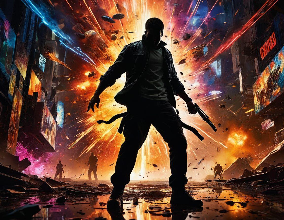 A dynamic collage showcasing intense scenes from various visual content like action-packed movies and thrilling video games, with an emphasis on dramatic lighting and vivid colors. Include elements like a silhouetted figure immersed in a cinematic battle and explosive graphics that convey excitement. The background should be a blend of chaotic visuals and calm reflections, symbolizing deep insights amidst the thrill. super-realistic. vibrant colors. action-packed.