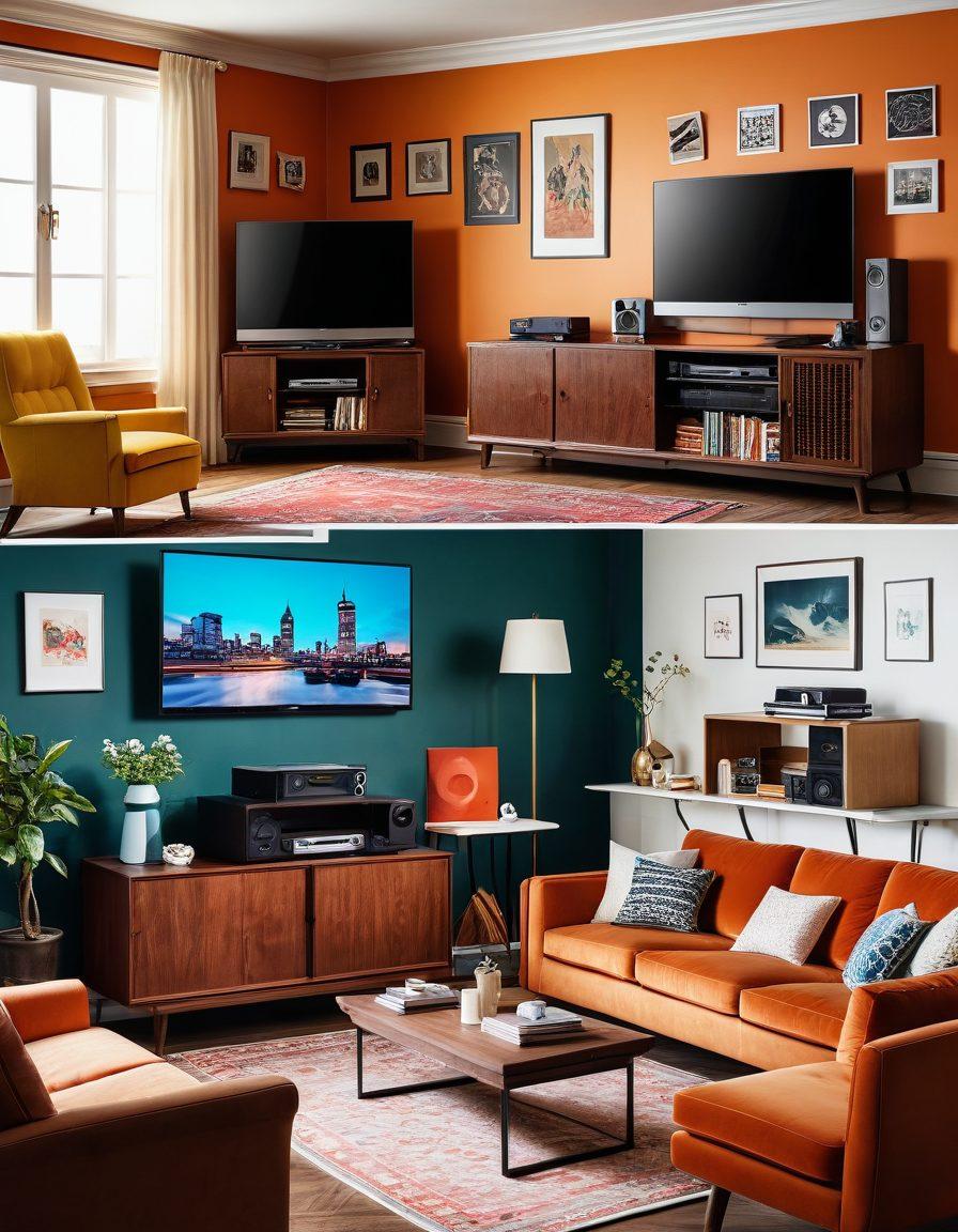 A dynamic split-screen illustration showcasing the evolution of home entertainment: one side with a vintage living room filled with DVDs and a projector, transitioning to a modern space featuring sleek streaming devices and a large flat-screen TV. Incorporate elements like popcorn and gaming controllers to enhance the atmosphere of entertainment. Bright and engaging colors, conveying a sense of nostalgia and modernity. vibrant colors. 3D.